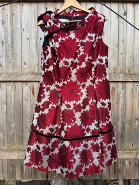 NWOT Sarah Campbell Brocade Dress with Red Dahlias, Velvet Trim and Bow